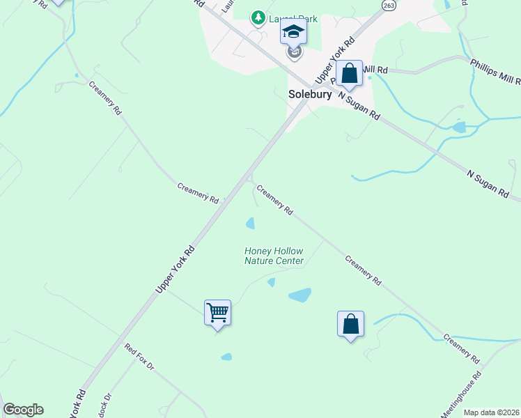 map of restaurants, bars, coffee shops, grocery stores, and more near 2949 Creamery Road in New Hope