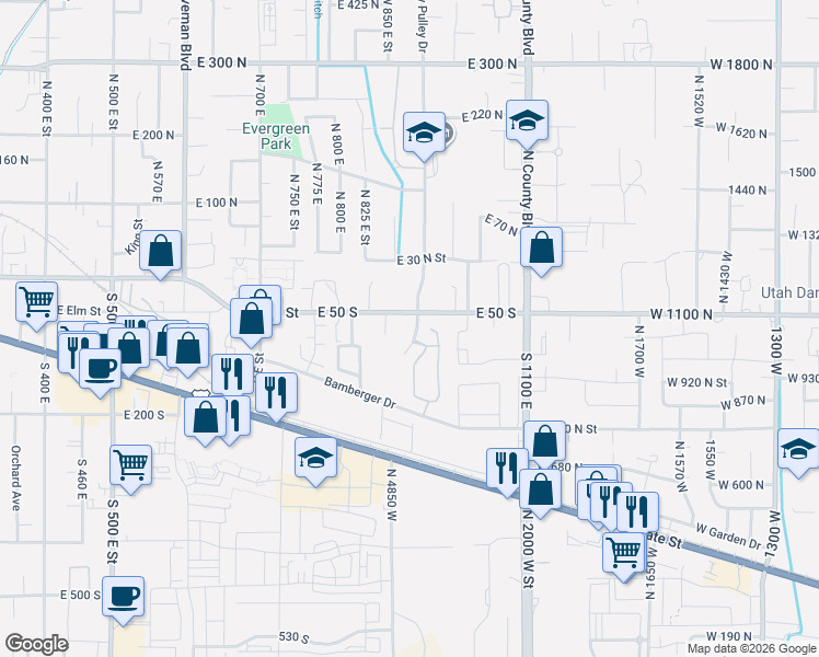 map of restaurants, bars, coffee shops, grocery stores, and more near 52 South 900 East in American Fork