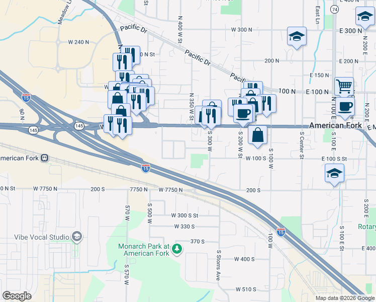 map of restaurants, bars, coffee shops, grocery stores, and more near 55 South Lincoln Avenue in American Fork