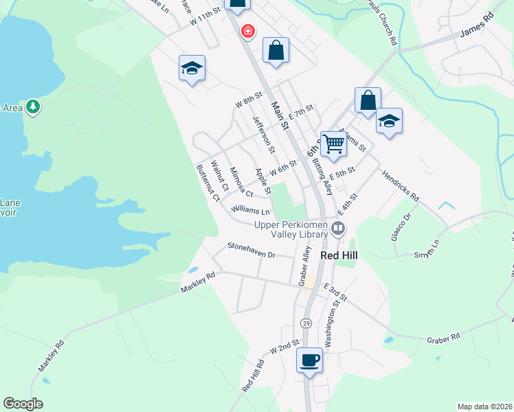 map of restaurants, bars, coffee shops, grocery stores, and more near 291 Williams Lane in Red Hill