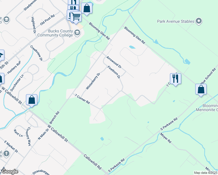 map of restaurants, bars, coffee shops, grocery stores, and more near 1407 7 Corner Road in Perkasie