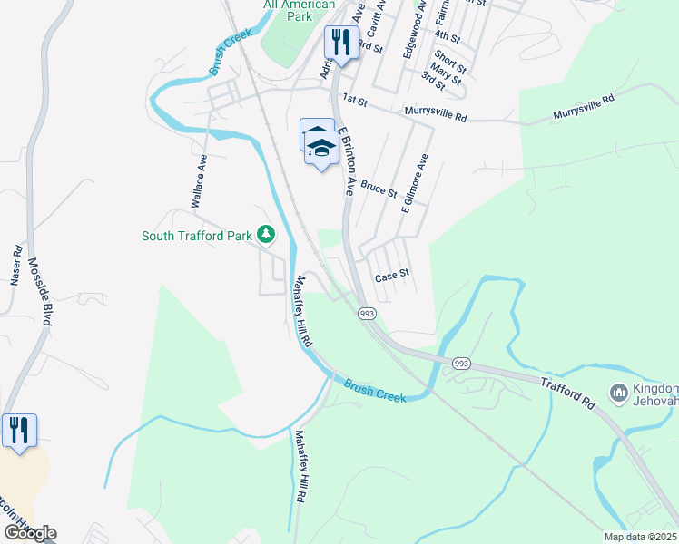map of restaurants, bars, coffee shops, grocery stores, and more near 4348 Irwin Avenue in Trafford