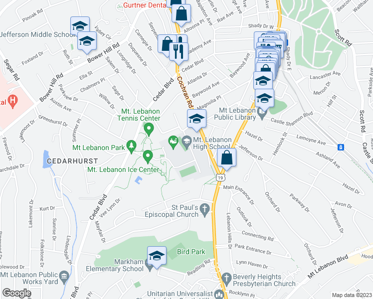 map of restaurants, bars, coffee shops, grocery stores, and more near 155 Cochran Road in Pittsburgh