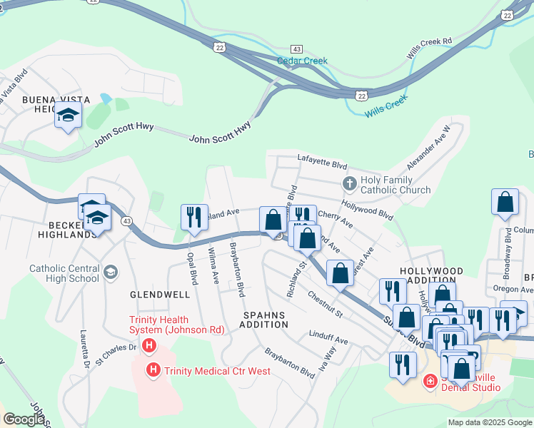 map of restaurants, bars, coffee shops, grocery stores, and more near 2710 Cleveland Avenue in Steubenville