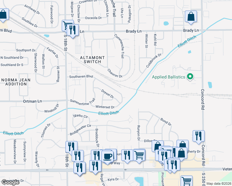 map of restaurants, bars, coffee shops, grocery stores, and more near 2319 Southaven Boulevard in Lafayette