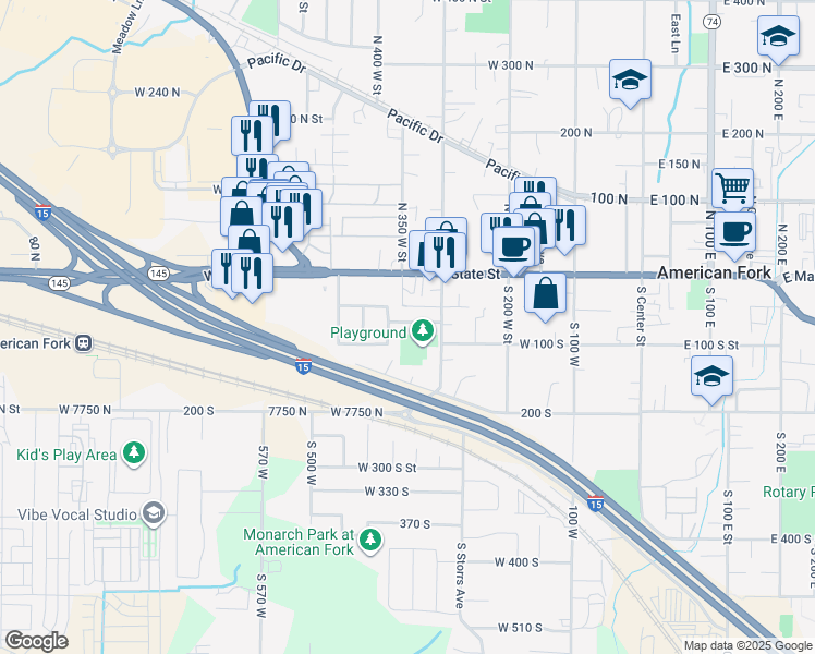 map of restaurants, bars, coffee shops, grocery stores, and more near 351 Washington Avenue in American Fork