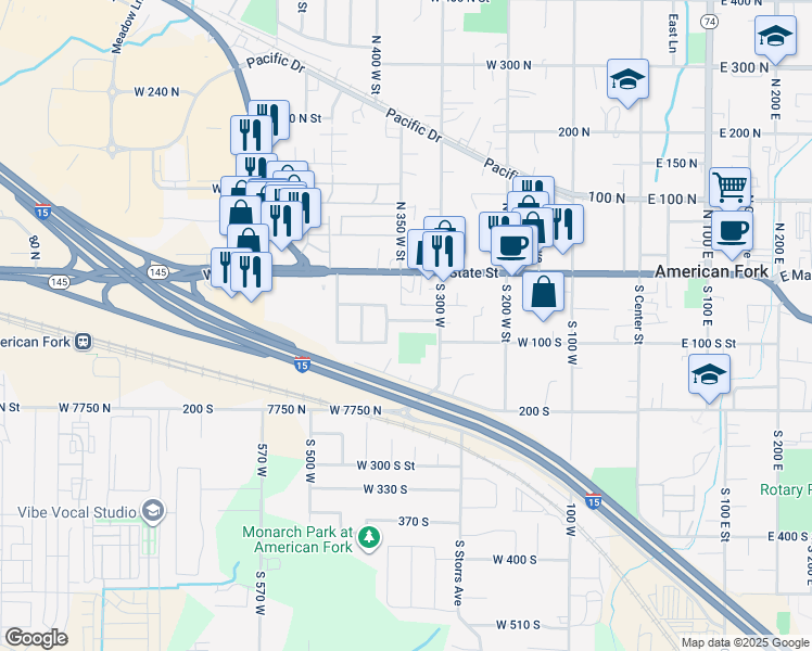 map of restaurants, bars, coffee shops, grocery stores, and more near 351 Washington Avenue in American Fork