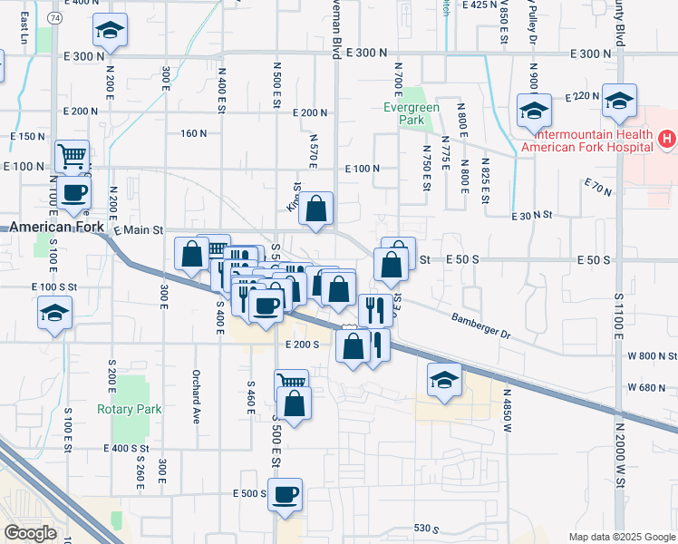 map of restaurants, bars, coffee shops, grocery stores, and more near 62 South 610 East in American Fork