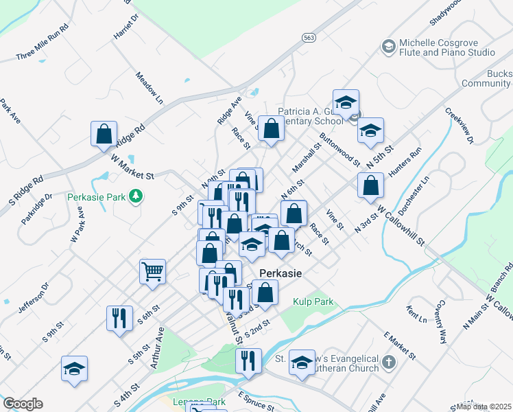 map of restaurants, bars, coffee shops, grocery stores, and more near 615 Arch Street in Perkasie