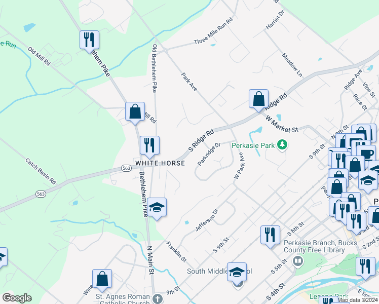 map of restaurants, bars, coffee shops, grocery stores, and more near 401 South Ridge Road in Perkasie