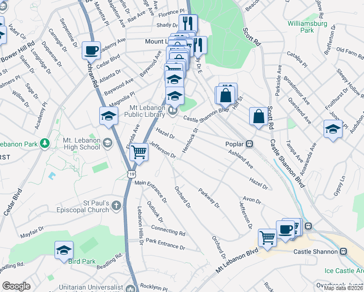 map of restaurants, bars, coffee shops, grocery stores, and more near 56 Hazel Drive in Pittsburgh