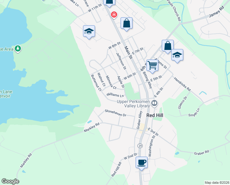 map of restaurants, bars, coffee shops, grocery stores, and more near 291 Williams Lane in Red Hill