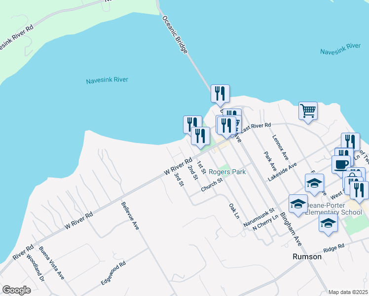 map of restaurants, bars, coffee shops, grocery stores, and more near 1 2nd Street in Rumson