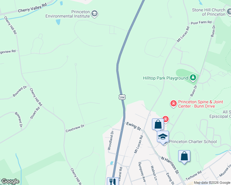 map of restaurants, bars, coffee shops, grocery stores, and more near 380 State Road in Princeton