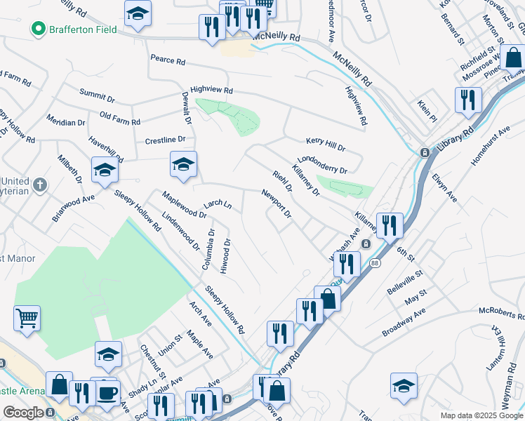 map of restaurants, bars, coffee shops, grocery stores, and more near 818 Middle Road in Pittsburgh