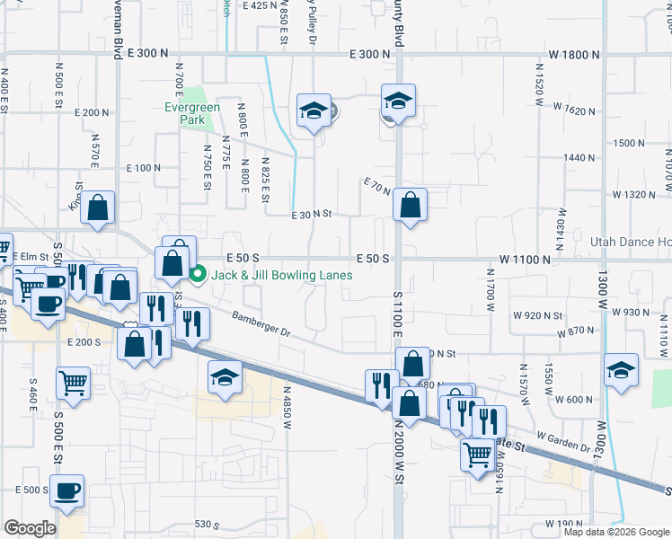 map of restaurants, bars, coffee shops, grocery stores, and more near 55 930 East in American Fork