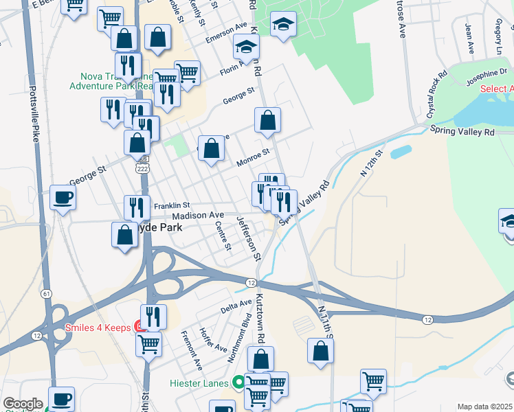 map of restaurants, bars, coffee shops, grocery stores, and more near 10 Pennsylvania Avenue in Reading