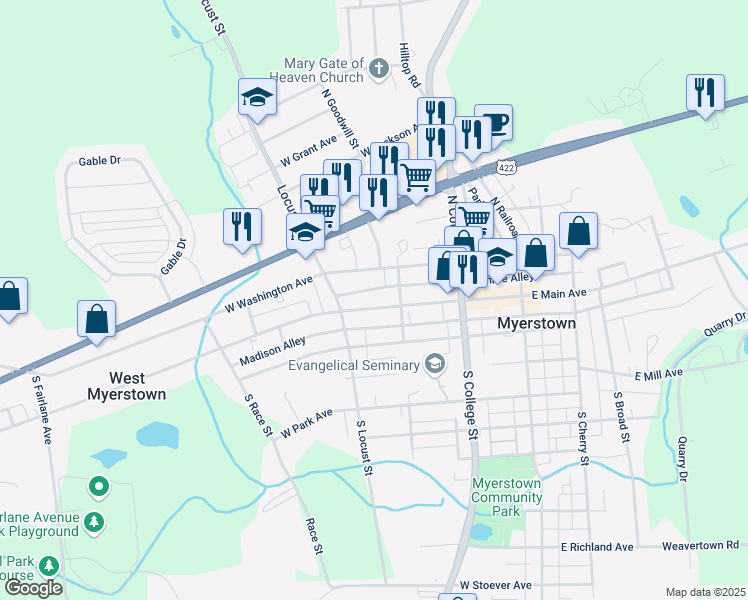 map of restaurants, bars, coffee shops, grocery stores, and more near 213 Monroe Alley in Myerstown
