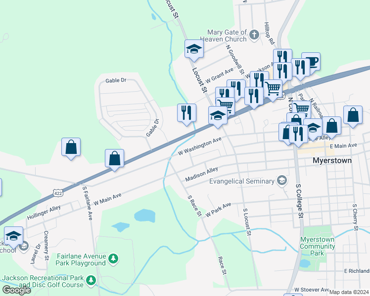 map of restaurants, bars, coffee shops, grocery stores, and more near 361 West Washington Avenue in Myerstown