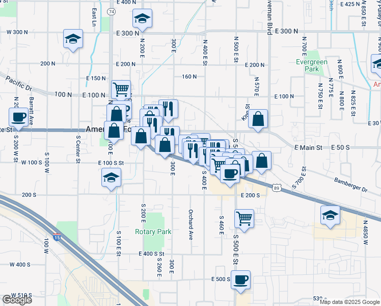 map of restaurants, bars, coffee shops, grocery stores, and more near 64 South 360 East in American Fork