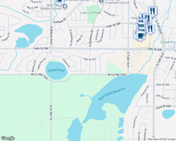 map of restaurants, bars, coffee shops, grocery stores, and more near 1692 South Estrella Avenue in Loveland