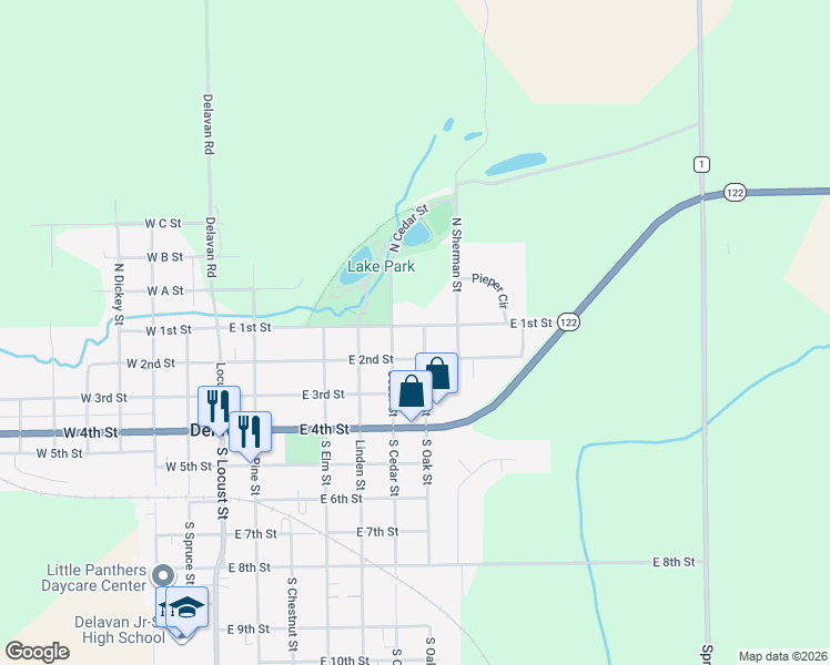 map of restaurants, bars, coffee shops, grocery stores, and more near 610 East 1st Street in Delavan