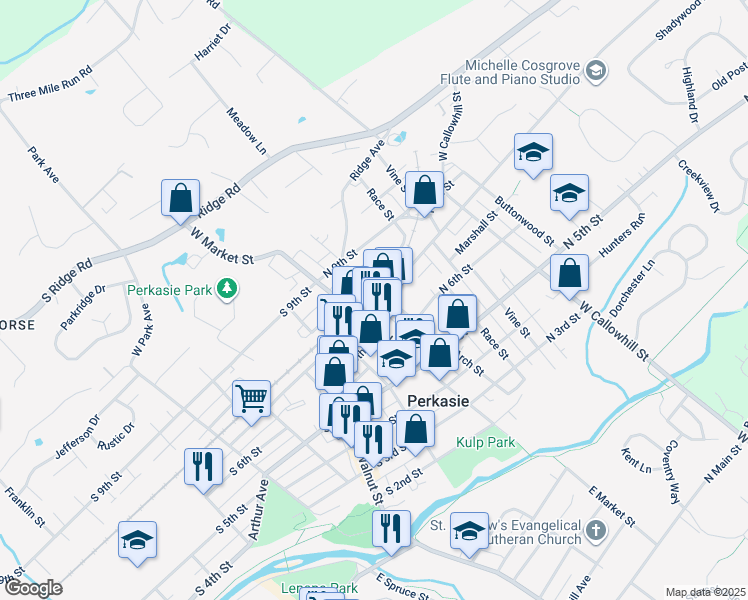 map of restaurants, bars, coffee shops, grocery stores, and more near 12 North 7th Street in Perkasie