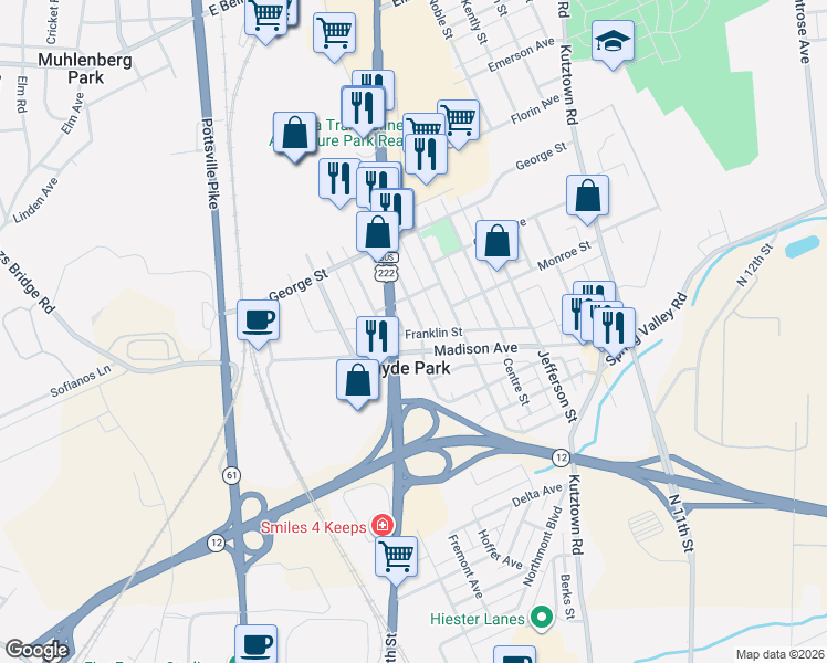 map of restaurants, bars, coffee shops, grocery stores, and more near 405 Fairview Street in Reading