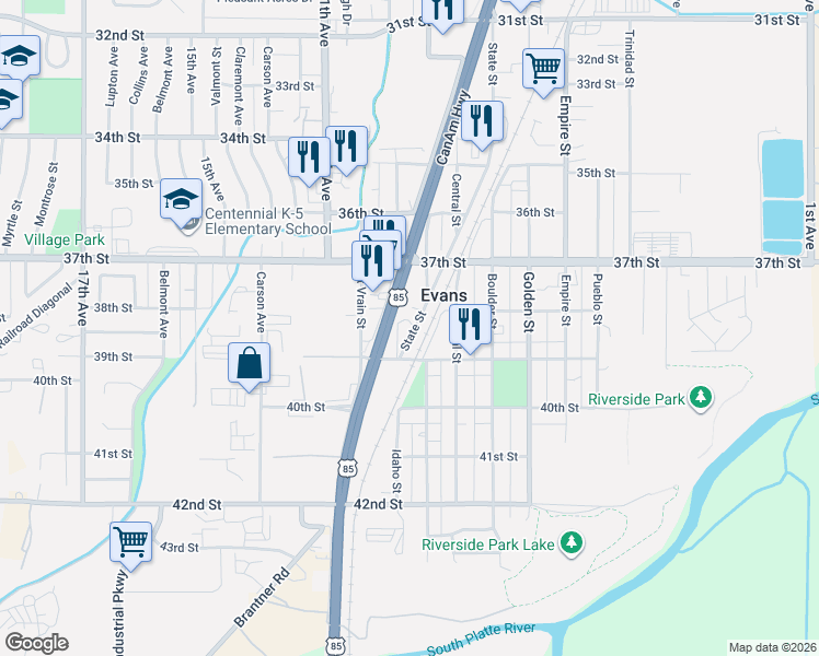 map of restaurants, bars, coffee shops, grocery stores, and more near 3807 State Street in Evans