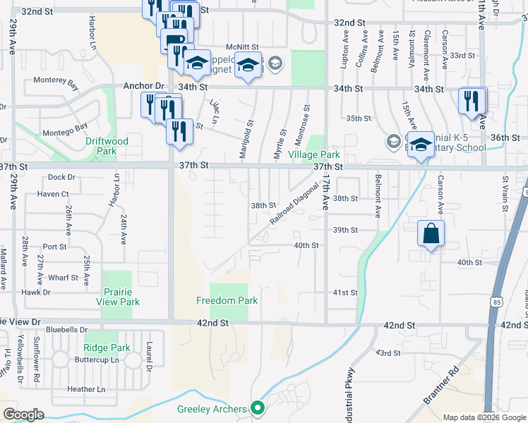 map of restaurants, bars, coffee shops, grocery stores, and more near 3811 McAvoy Avenue in Evans