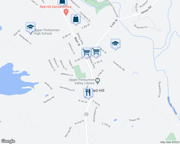 map of restaurants, bars, coffee shops, grocery stores, and more near 415 Main Street in Red Hill