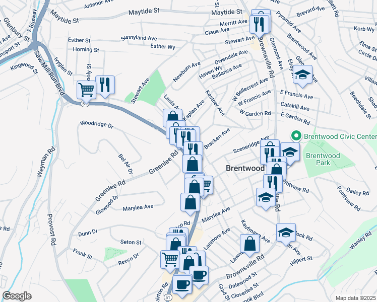 map of restaurants, bars, coffee shops, grocery stores, and more near 3301 Saw Mill Run Boulevard in Brentwood
