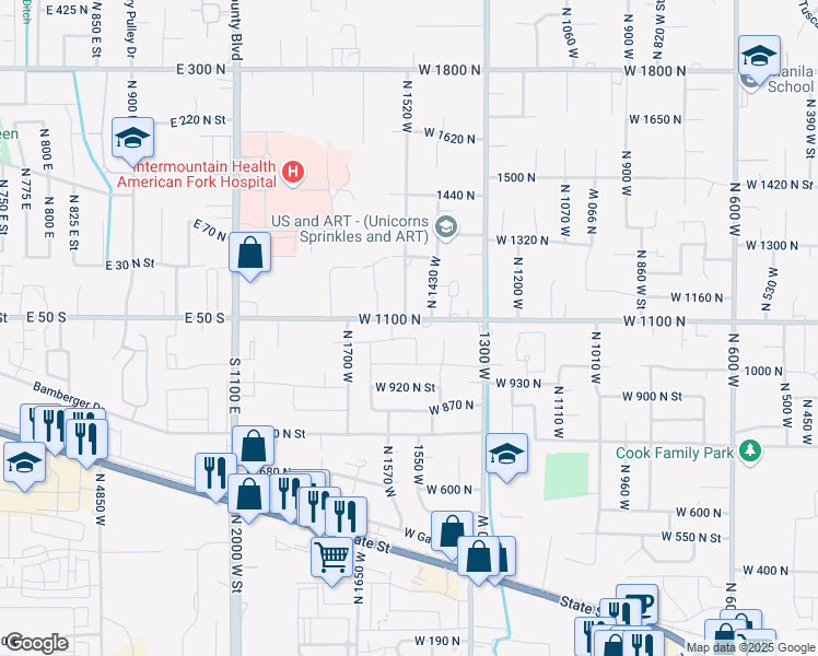 map of restaurants, bars, coffee shops, grocery stores, and more near 1498 West 1060 North in Pleasant Grove