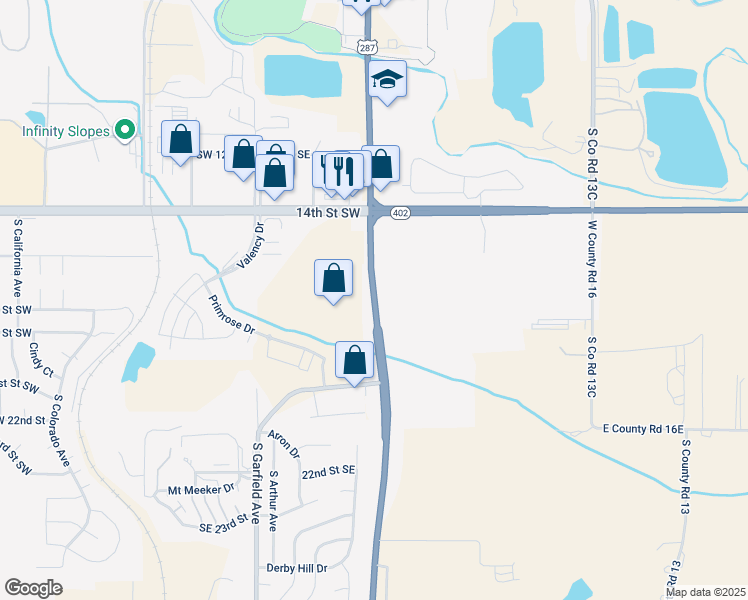 map of restaurants, bars, coffee shops, grocery stores, and more near 1932 U.S. 287 in Loveland