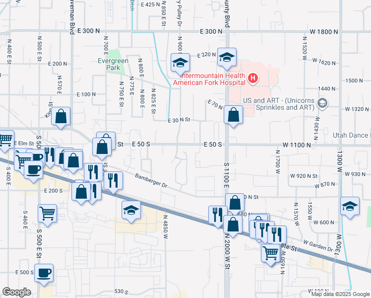 map of restaurants, bars, coffee shops, grocery stores, and more near 55 930 East in American Fork