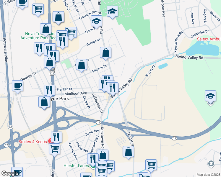 map of restaurants, bars, coffee shops, grocery stores, and more near 2727 Kutztown Road in Reading