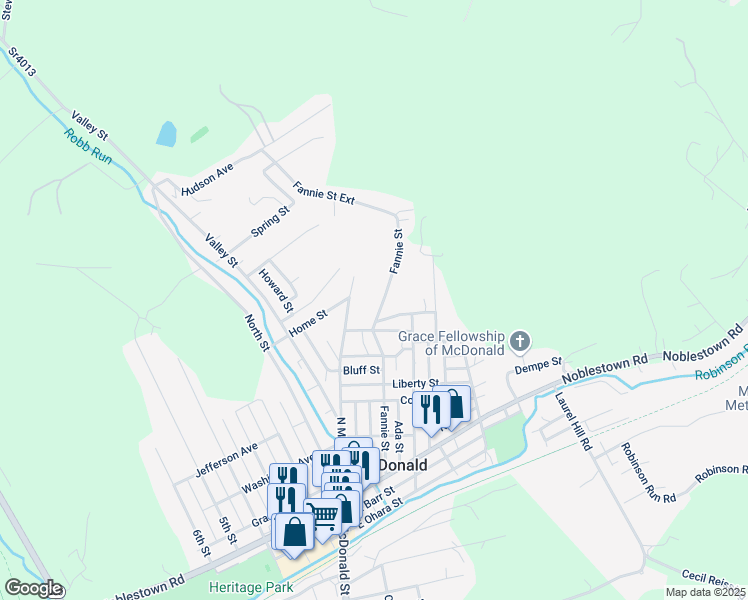 map of restaurants, bars, coffee shops, grocery stores, and more near 429 Fannie Street in McDonald