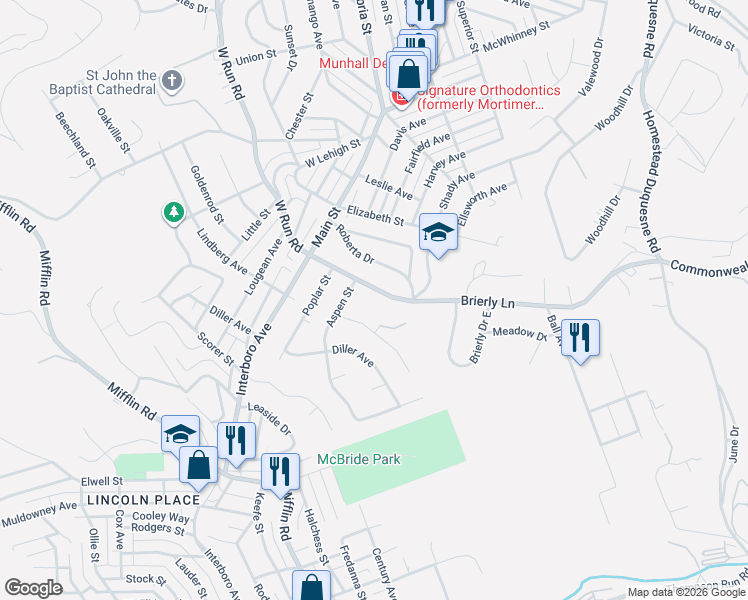 map of restaurants, bars, coffee shops, grocery stores, and more near 420 Brierly Lane in West Mifflin