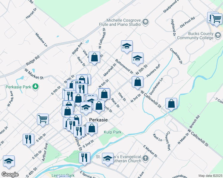 map of restaurants, bars, coffee shops, grocery stores, and more near 510 Vine Street in Perkasie