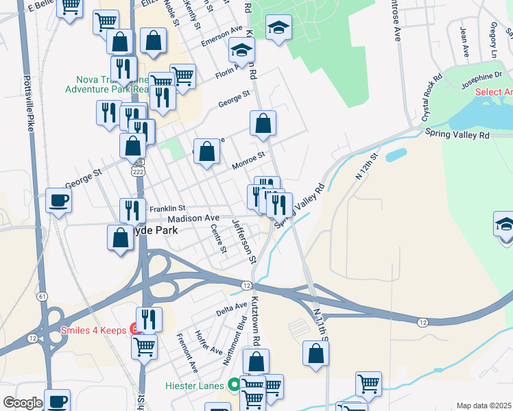 map of restaurants, bars, coffee shops, grocery stores, and more near 10 Pennsylvania Avenue in Reading