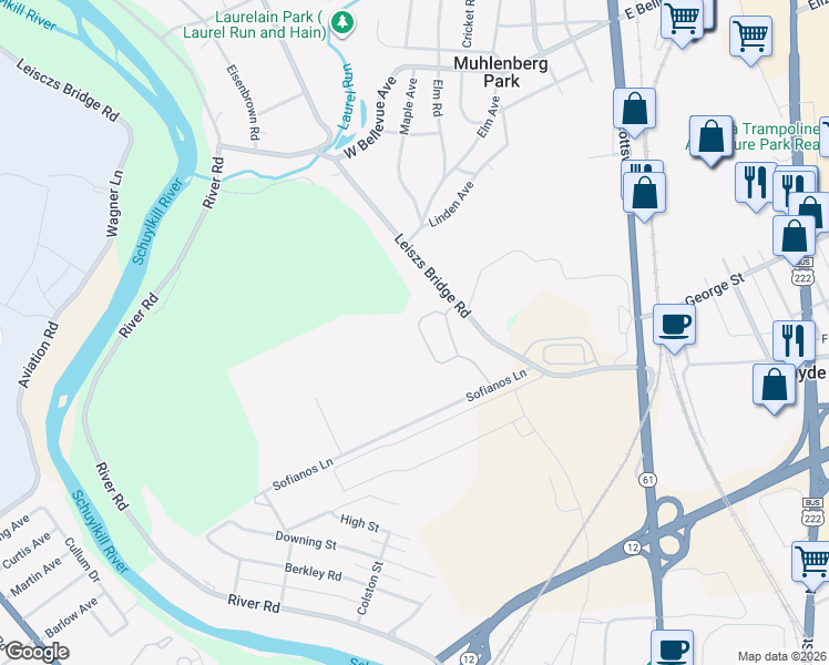 map of restaurants, bars, coffee shops, grocery stores, and more near 50 Turning Leaf Way in Reading