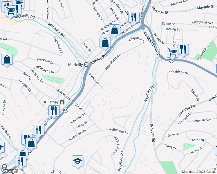 map of restaurants, bars, coffee shops, grocery stores, and more near 320 Norva Street in Pittsburgh