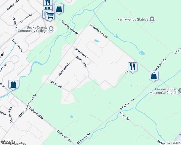 map of restaurants, bars, coffee shops, grocery stores, and more near 39 Firethorn Drive in Perkasie