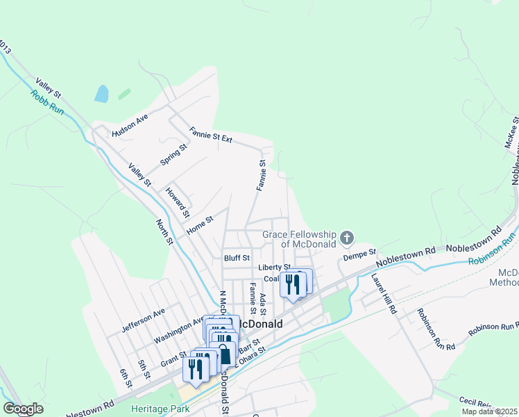 map of restaurants, bars, coffee shops, grocery stores, and more near 429 Fannie Street in McDonald