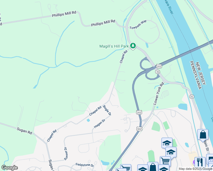 map of restaurants, bars, coffee shops, grocery stores, and more near 6795 Chapel Road in New Hope