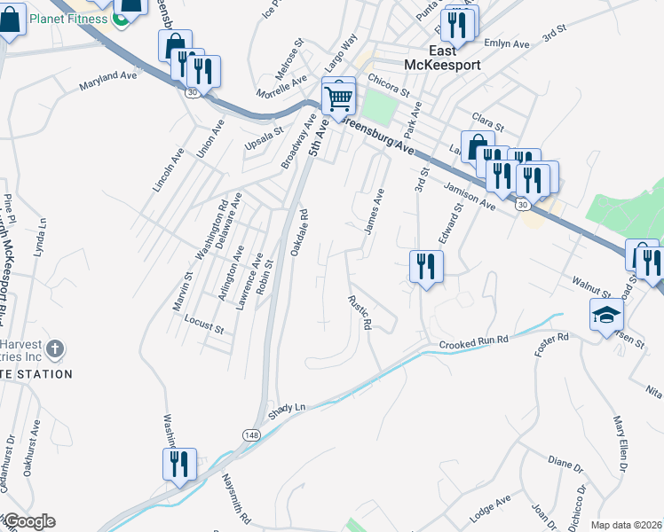 map of restaurants, bars, coffee shops, grocery stores, and more near 317 James St in North Versailles