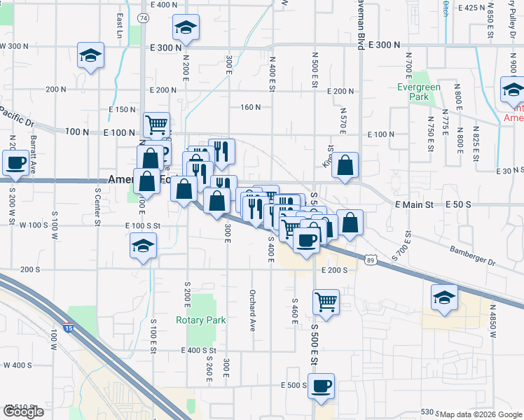 map of restaurants, bars, coffee shops, grocery stores, and more near 376 East 60 South in American Fork