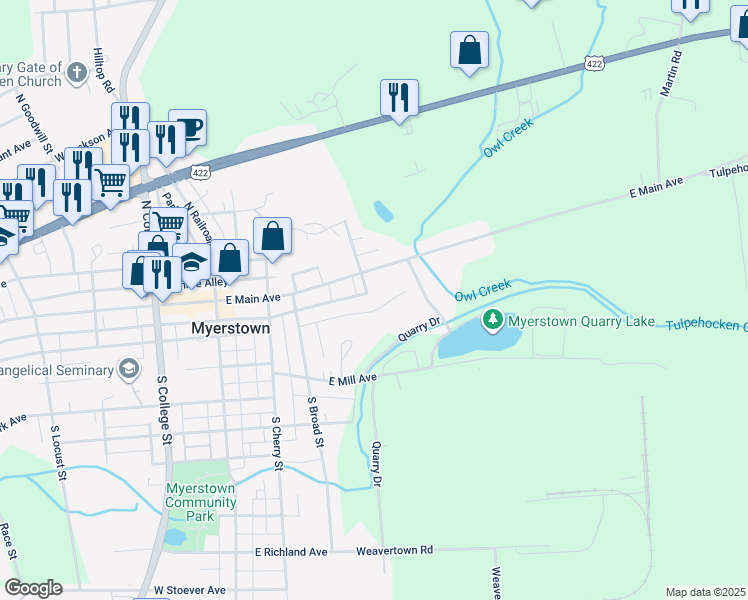 map of restaurants, bars, coffee shops, grocery stores, and more near 301 East Carpenter Avenue in Myerstown