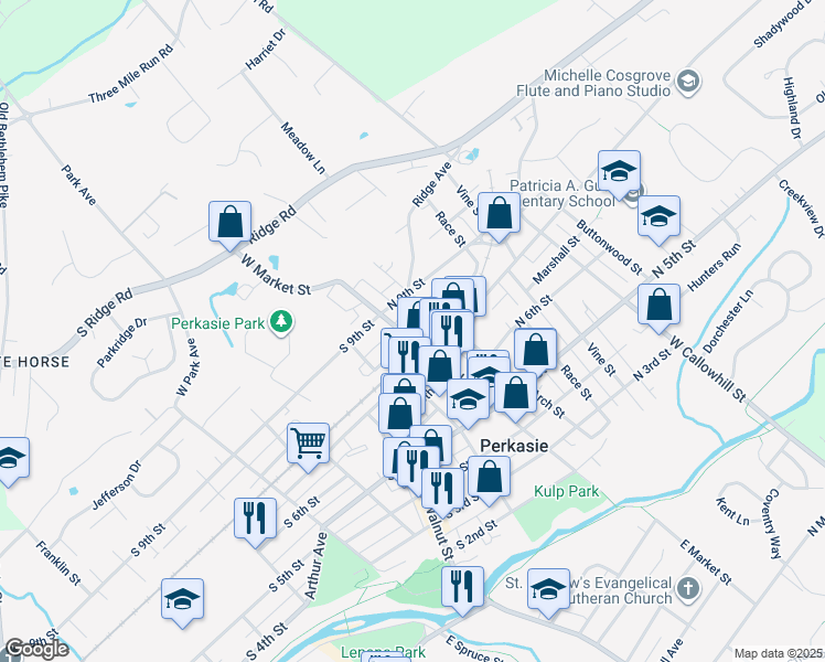 map of restaurants, bars, coffee shops, grocery stores, and more near 22 North 8th Street in Perkasie