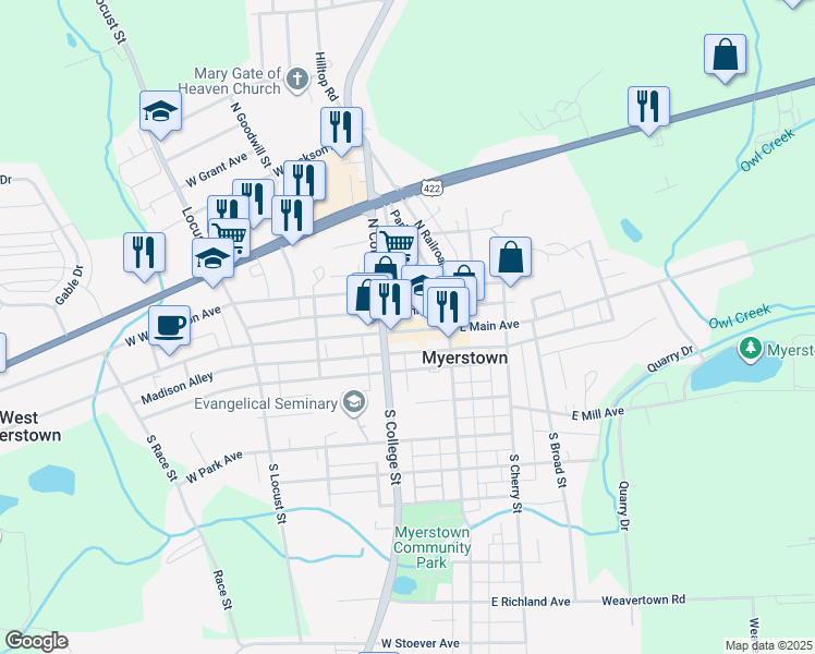 map of restaurants, bars, coffee shops, grocery stores, and more near 39 West Main Avenue in Myerstown